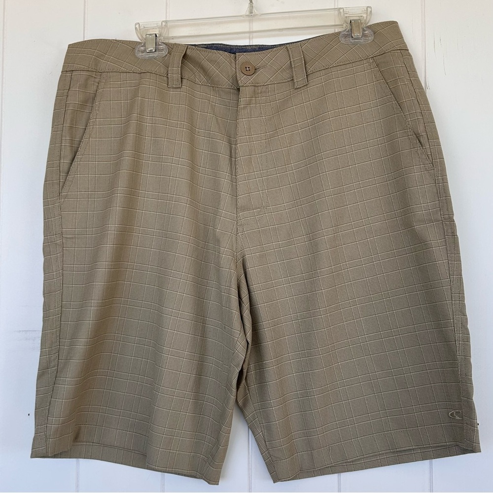 O’Neill Brand Men’s 10” Stretch Shorts Grid Pattern Tan Size 34